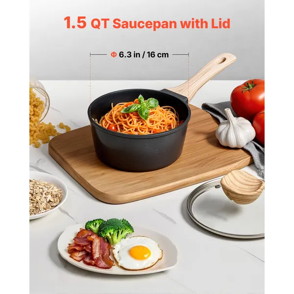 1.5 QT Saucepan, Nonstick Saucepan with Tempered Glass Lid, Multipurpose Cooking Sauce Pot with Detachable Handle, Sauce Pan Small Kitchen Cooking Pot with Coating, Induction Compatible, Black - Image 3