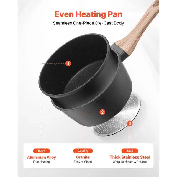 1.5 QT Saucepan, Nonstick Saucepan with Tempered Glass Lid, Multipurpose Cooking Sauce Pot with Detachable Handle, Sauce Pan Small Kitchen Cooking Pot with Coating, Induction Compatible, Black - Image 4