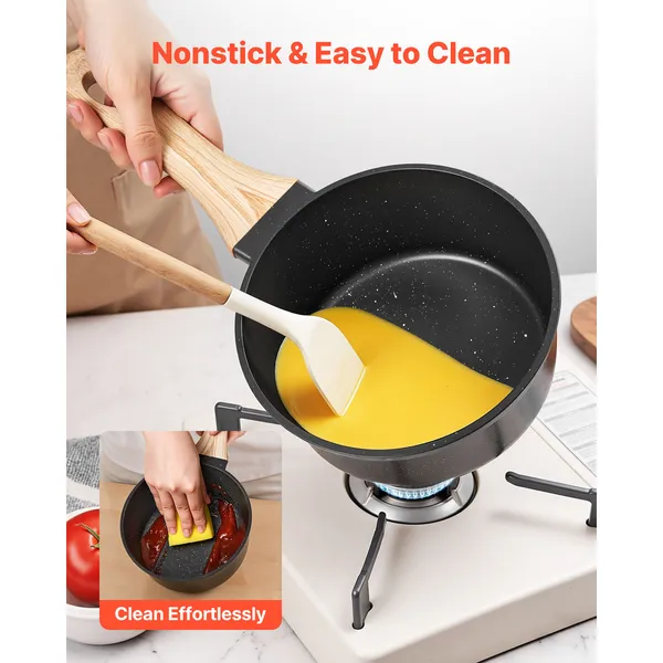 1.5 QT Saucepan, Nonstick Saucepan with Tempered Glass Lid, Multipurpose Cooking Sauce Pot with Detachable Handle, Sauce Pan Small Kitchen Cooking Pot with Coating, Induction Compatible, Black - Image 5