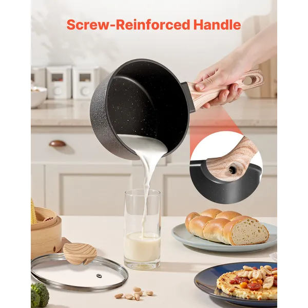 1.5 QT Saucepan, Nonstick Saucepan with Tempered Glass Lid, Multipurpose Cooking Sauce Pot with Detachable Handle, Sauce Pan Small Kitchen Cooking Pot with Coating, Induction Compatible, Black - Image 7