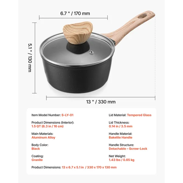 1.5 QT Saucepan, Nonstick Saucepan with Tempered Glass Lid, Multipurpose Cooking Sauce Pot with Detachable Handle, Sauce Pan Small Kitchen Cooking Pot with Coating, Induction Compatible, Black - Image 8