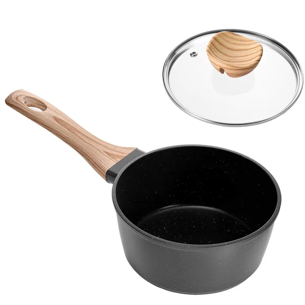 1.5 QT Saucepan, Nonstick Saucepan with Tempered Glass Lid, Multipurpose Cooking Sauce Pot with Detachable Handle, Sauce Pan Small Kitchen Cooking Pot with Coating, Induction Compatible, Black - Image 2