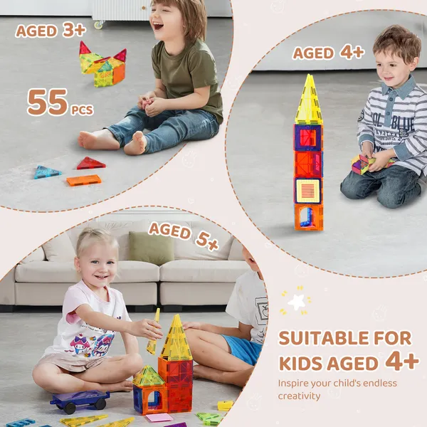 Magnetic Tiles, 55 PCS Magnetic Building Blocks for Kids, Magnet Building Set with Car Base & 16 Digital Cards, STEM Educational Construction Stacking Toys Gift for Toddlers Boys Girls Aged 4+ - Image 8