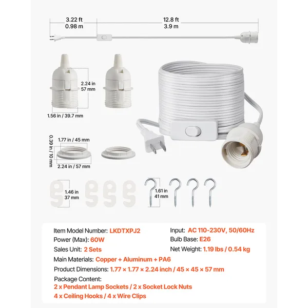 Plug in Hanging Light Cord Kit, 16ft Lantern Extension Cords, 2 Pack E26 Light Socket Lamp Cord Replacement, Secure & Sturdy, Easy to Install, Pendant Lamp Kit On/Off Switch & Socket Rings - Image 8