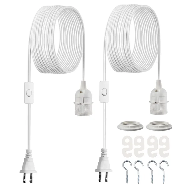 Plug in Hanging Light Cord Kit, 16ft Lantern Extension Cords, 2 Pack E26 Light Socket Lamp Cord Replacement, Secure & Sturdy, Easy to Install, Pendant Lamp Kit On/Off Switch & Socket Rings - Image 2
