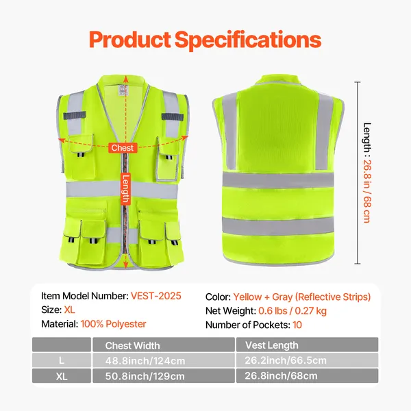 Safety Vest, 10 Pockets Yellow Safety Vest, Hi Vis Zipper Front Safety Vest with Reflective Strips, High Visibility Work Construction Vest with Pockets and Walkie-Talkie Clip, for Men & Woman - Image 8