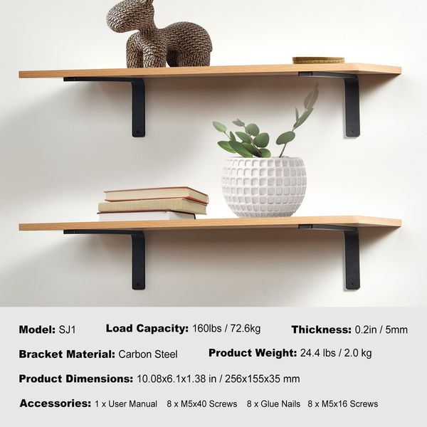 Shelf Bracket, Heavy Duty Floating Shelf Brackets 10 x 6 in, 4 Pcs Brackets for Shelves, 5mm Thick Matte Black L Shelf Bracket,Steel Shelving Brackets with 160 lbs Load Capacity - Image 8