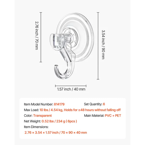 Suction Cup Hooks 6 Pack, 2.76 x 3.54 x 1.57 inch, 10 LBS Max Load Clear Shower Suction Cups, Strong and Reusable Heavy Duty Wall Holder, for Loofah, Towel, Glass, Window, Kitchen, Bathroom - Image 5