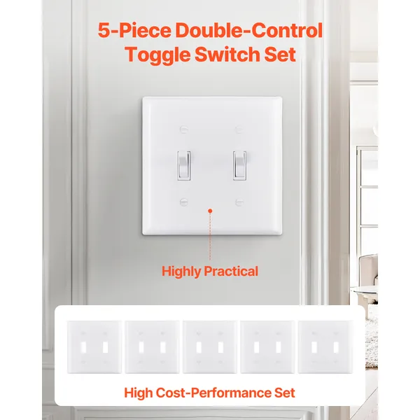 Toggle Light Switch Wall Plates, 2-Gang Switch Electrical Outlet Covers, Standard Size 4.61in L x 4.53in H Unbreakable Polycarbonate Thermoplastic Faceplate (5 Pack, White) - Image 3