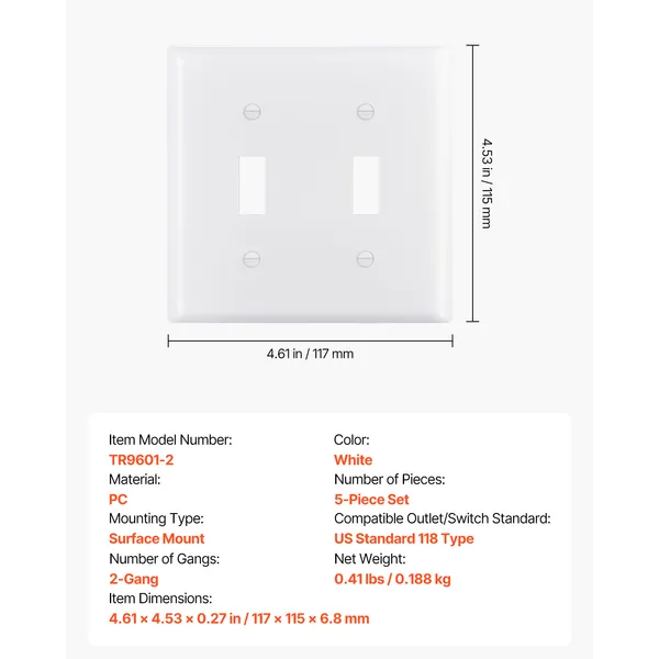 Toggle Light Switch Wall Plates, 2-Gang Switch Electrical Outlet Covers, Standard Size 4.61in L x 4.53in H Unbreakable Polycarbonate Thermoplastic Faceplate (5 Pack, White) - Image 8
